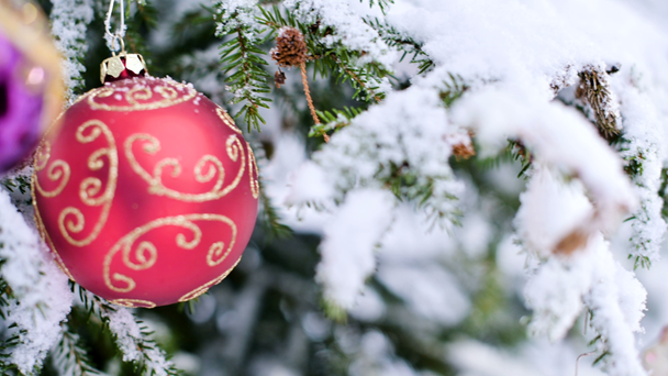 Close-up de um brinquedo de Natal em uma árvore animada coberta de neve na floresta de inverno no fundo das luzes. DOF pequeno
. - Filmagem, Vídeo