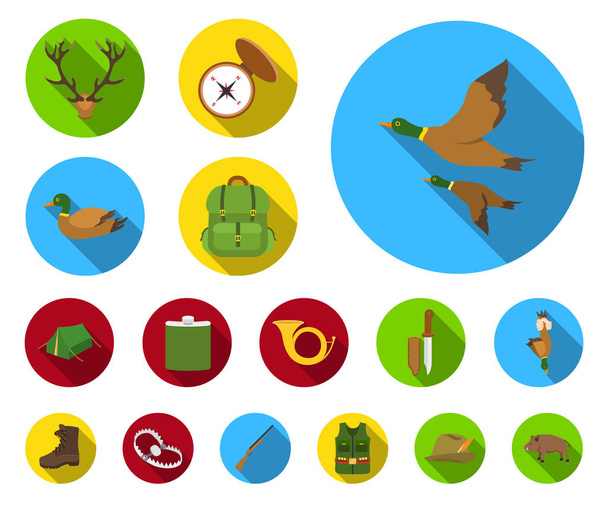 Hunting and trophy flat icons in set collection for design. Hunting and equipment vector symbol stock web illustration. - Vector, afbeelding