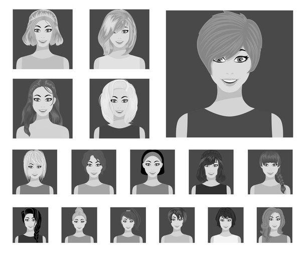 Rodzaje fryzury damskie płaski ikony w kolekcja zestaw do projektowania. Wygląd kobiety wektorowej symbol zasobów sieci web. - Wektor, obraz