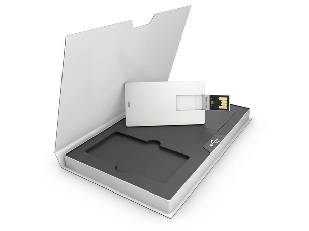空白の白いプラスチック製の usb ボックス、3 d イラストレーション カード モックアップ - 写真・画像