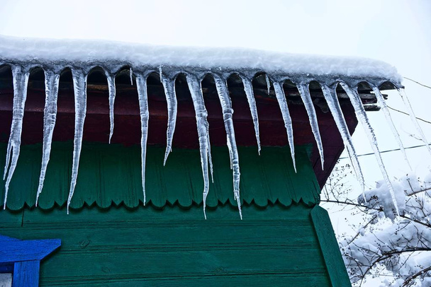 μια σειρά από icicles στην οροφή κάτω από το χιόνι σε ένα πράσινο ξύλινο τοίχο - Φωτογραφία, εικόνα