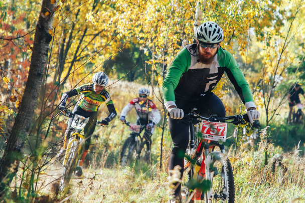 October, 14, 2018 - Minsk, Belarus: 2018 Olympic Cross Country Cup XCO in Medvezhino, men riding bicycles along forest trail - Fotoğraf, Görsel