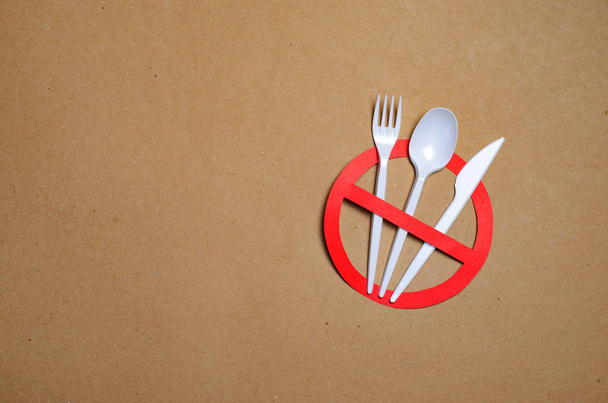 No Plastic Cutlery, Plastic Pollution and Environmental Protection Concept, Top View - Foto, Imagem