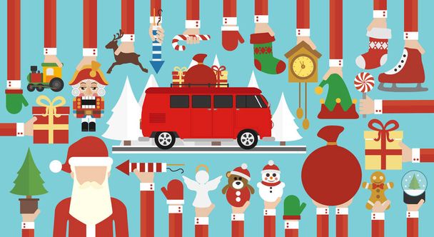 Merry Christmas design flat with christmas bus and Santa Claus.Vector illustration - Vetor, Imagem