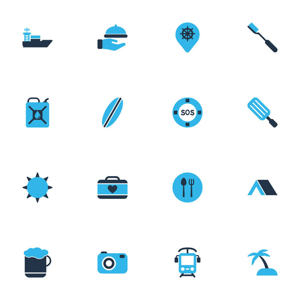 Trip icons colored set with surfboard, waiter, camera and other vessel elements. Isolated  illustration trip icons. - Photo, Image