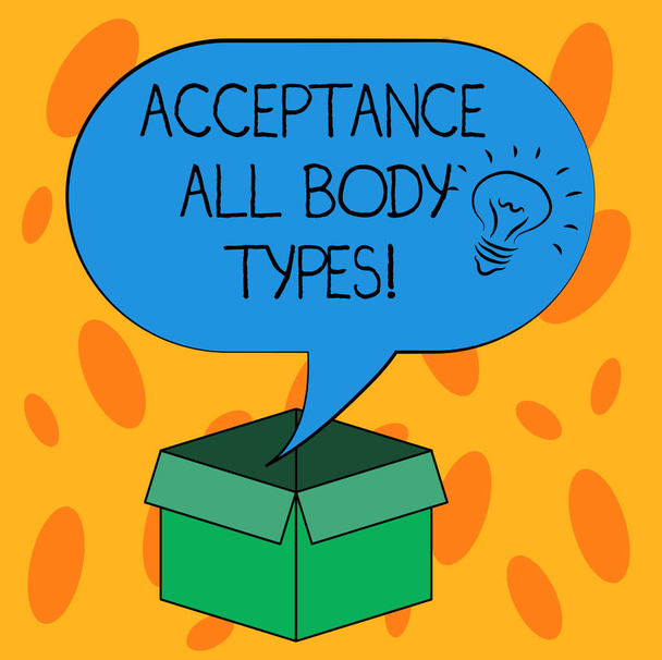 Writing note showing Acceptance All Body Types. Business photo showcasing Selfesteem do not judge showing for their look Idea icon Inside Blank Halftone Speech Bubble Over an Open Carton Box - Photo, Image