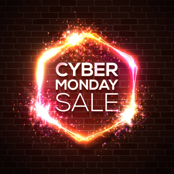 Neon sign of Cyber Monday text for decoration and covering on red brick wall background. Discount card concept of sale event. Realistic vector illustration with light explosion star firework bokeh. - Vector, Image