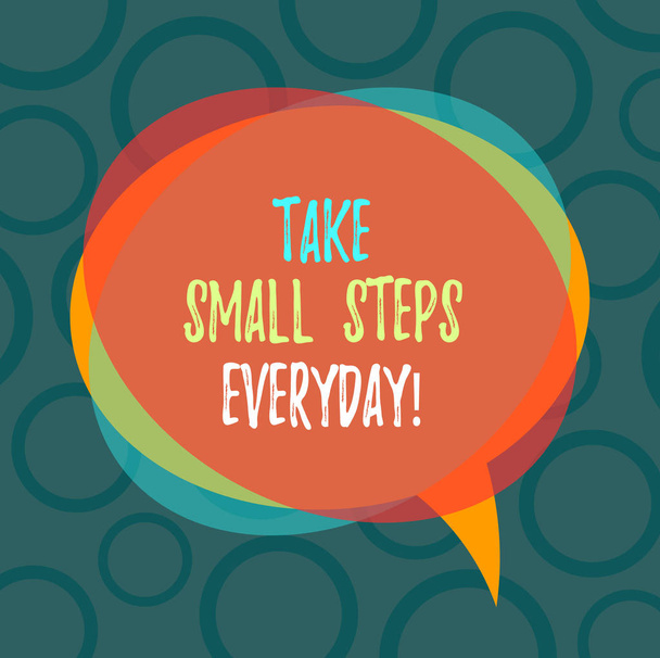 Kirjoittaminen viesti osoittaa Take Small Steps Everyday. Business valokuva esittelee Askel askeleelta voit saavuttaa kaikki tavoitteet Tyhjä Puhe Bubble kuva ja pino Läpinäkyvä ympyrä Päällekkäisiä
. - Valokuva, kuva