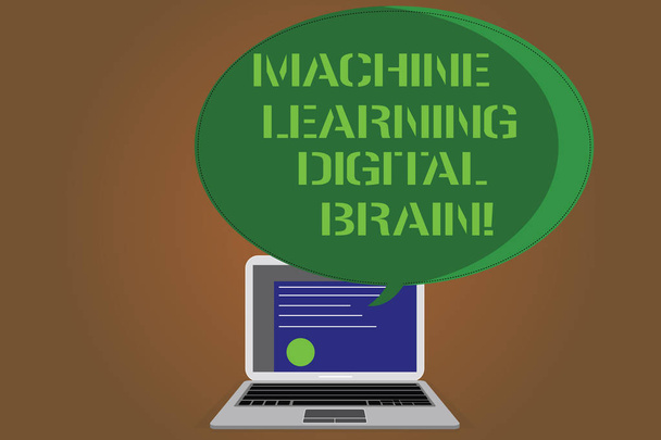 Schreibnotiz, die das maschinelle Lernen des digitalen Gehirns zeigt. Business-Foto, das das digitale Bildungszertifikat-Layout künstlicher Intelligenz auf Laptop-Bildschirm und halbfeiner Sprechblase zeigt. - Foto, Bild