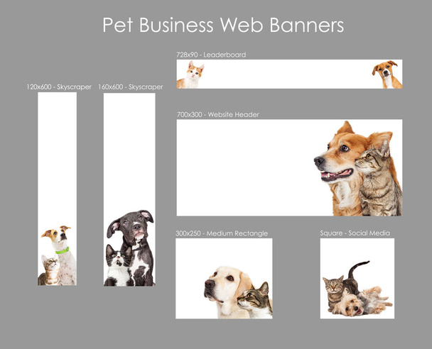 Set von Web-Bannern verschiedener Größe mit Katzen und Hunden für Werbung für Heimtiergeschäfte - Foto, Bild