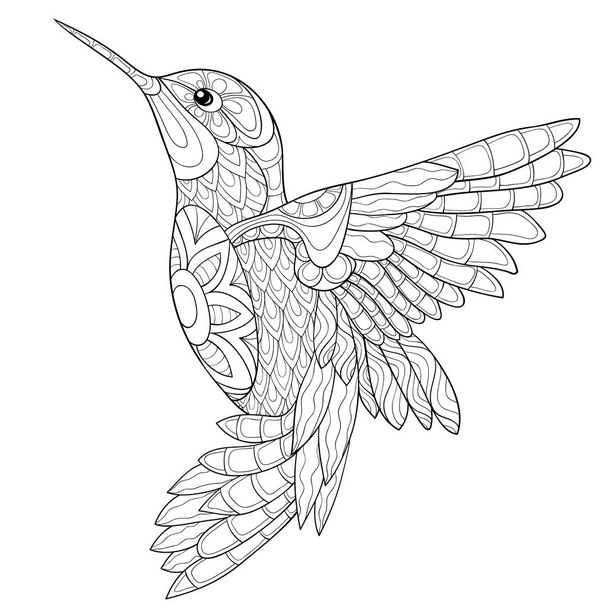 A cute hummingbird  with ornaments  image for relaxing activity.A coloring book,page for adults.Zen art style illustration for print.Poster design. - Wektor, obraz