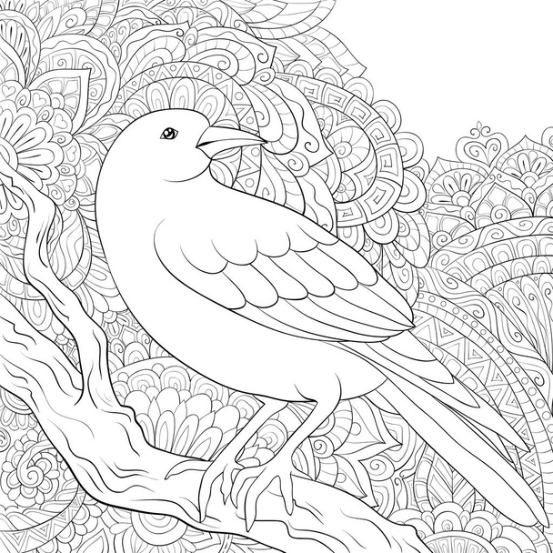 A cute bird on the brunch on the abstract background image for relaxing activity.A coloring book,page for adults.Zen art style illustration for print.Poster design. - Vecteur, image