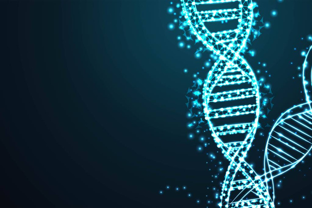 Научный шаблон для вашего дизайна. Иллюстрация футуристической структуры структуры ДНК, абстрактный трехмерный многоугольный самолет-проводник на голубом ночном небе с точками и звёздами. фон
 - Вектор,изображение