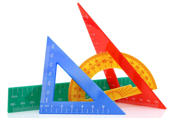 School drawing tools. Triangle, ruler, protractor on white background  - Photo, Image