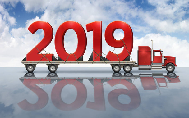 Illustration 3D de l'année 2019 sur un camion à plat posé sur une surface réfléchissante avec un fond de ciel
. - Photo, image