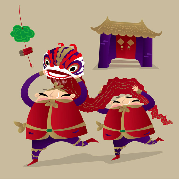 Two fat men playing lion dance to celebrate Chinese new year coming - Vector, Image