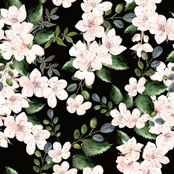 Watercolor pattern with spring flowers and green leaves. - 写真・画像