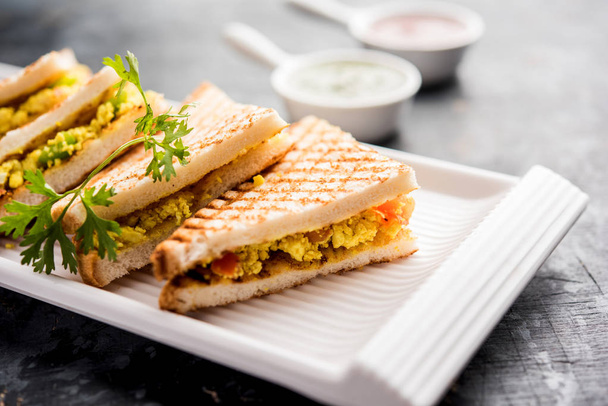 Paneer Bhurji Sandwich ist ein leckeres Paneer-Gericht mit Hüttenkäse. Serviert mit frischem Tomatenketchup und grünem Minzchutney. Selektiver Fokus - Foto, Bild