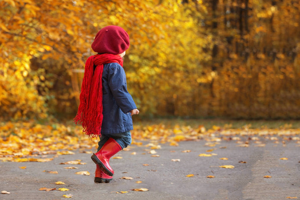 Happy autumn. Little girl laughs and runs in galoshes through the autumnal park. - Fotoğraf, Görsel