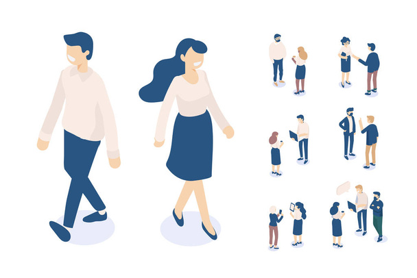 Male and female isomeric characters. Flat isometric vector. - Vector, Image
