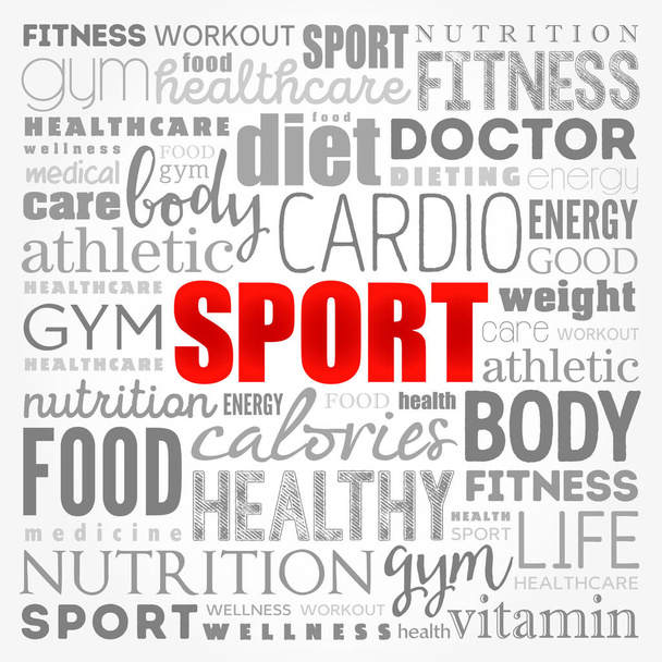 Sport szó felhő kollázs, egészségügyi koncepció háttér - Vektor, kép