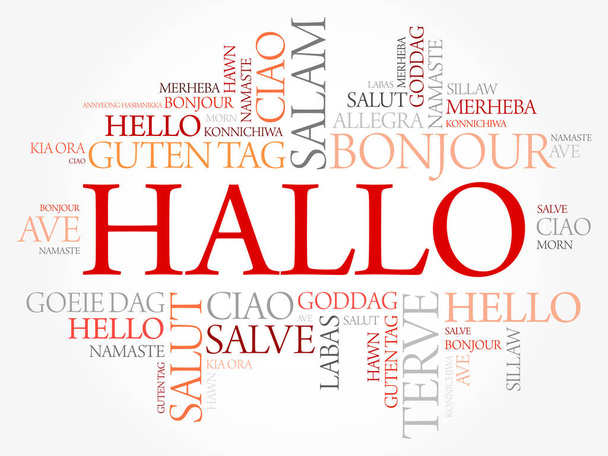 Hallo (Γεια σας χαιρετισμό στα γερμανικά) λέξη σύννεφο σε διάφορες γλώσσες του κόσμου, φόντο έννοια - Διάνυσμα, εικόνα