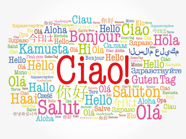 Ciao (Hello Greeting στα ιταλικά) λέξη σύννεφο σε διάφορες γλώσσες του κόσμου, έννοια φόντου - Διάνυσμα, εικόνα