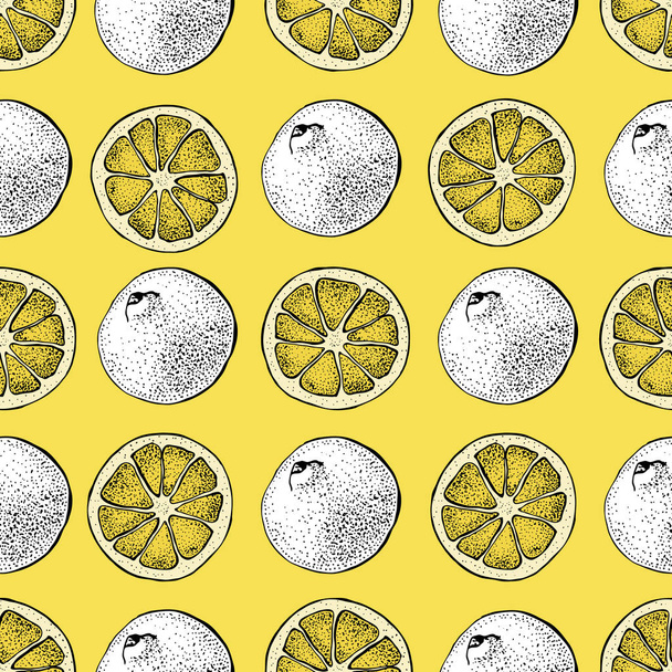 Lemon vector seamless pattern. Hand drawn objects with sliced piece of lemon on a yellow background. Summer citrus Fruit doodle style illustration. Detailed vegetarian food sketch.  - Vector, Imagen