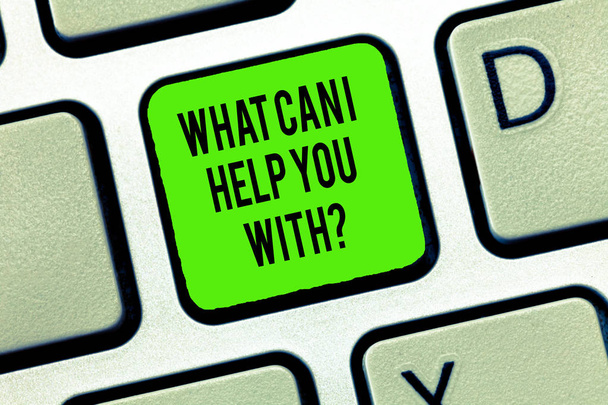 Word writing text What Can I Help You Withquestion. Business concept for Offering support assistance guidance Keyboard key Intention to create computer message, pressing keypad idea. - Photo, Image