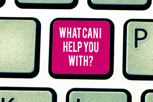 Writing note showing What Can I Help You Withquestion. Business photo showcasing Offering support assistance guidance Keyboard key Intention to create computer message pressing keypad idea. - Photo, Image