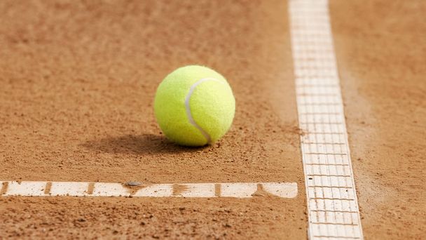 Yellow tennis ball lying on court, professional sport, active hobby, close-up - Foto, afbeelding