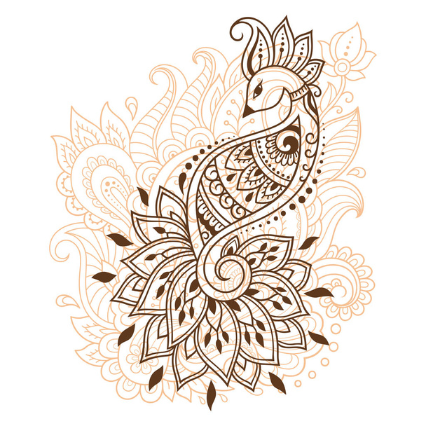 Mehndi flower pattern with peacock for Henna drawing and tattoo. Decoration in ethnic oriental, Indian style. - Διάνυσμα, εικόνα