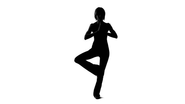 Young female shadow practicing yoga, tree pose exercise, soul and body harmony - 写真・画像