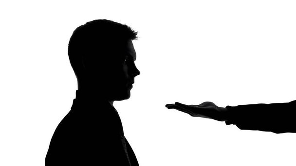 Male empty hand in front businessman face, asking money, bribe extortion, credit - 写真・画像