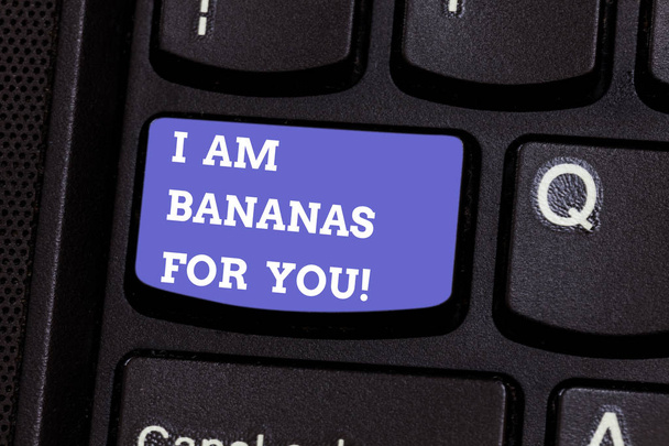 Writing note showing I Am Bananas For You. Business photo showcasing To be crazy for someone in loved happy emotion Keyboard key Intention to create computer message pressing keypad idea. - Photo, Image