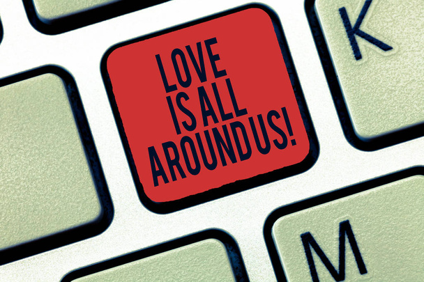 Word writing text Love Is All Around Us. Business concept for Inspiration motivation roanalysistic feelings emotions Keyboard key Intention to create computer message, pressing keypad idea. - Photo, Image