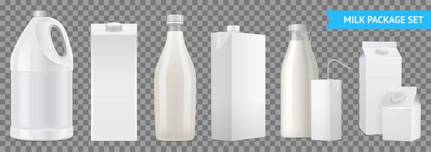 Reális tej csomag átlátszó ikon készlet - Vektor, kép