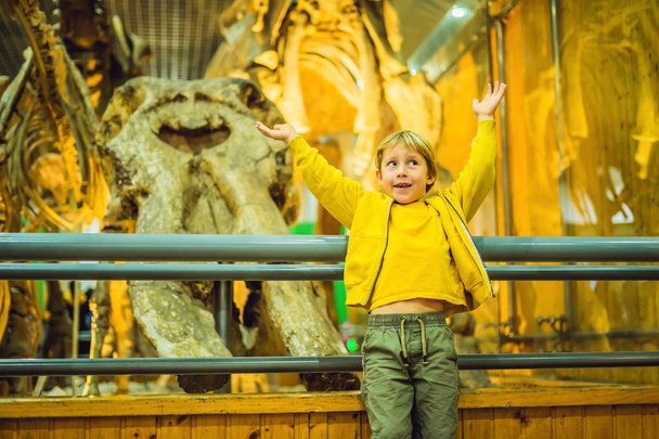 Exciting little boy watching dinosaur skeleton in museum. - Valokuva, kuva