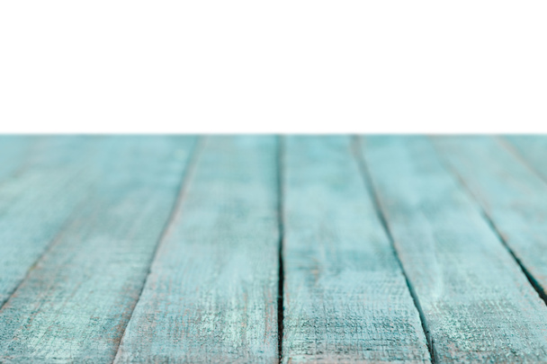 selective focus of turquoise striped wooden background on white - Photo, Image