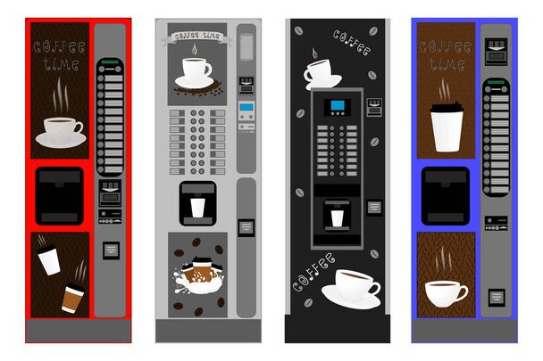 Illustratie pictogrammenset op thema grote gekleurde vending van verschillende soorten koffie machine, nieuwe formaat logo. Koffie patroon bestaande uit automaat accessoire collectie. Vending machine voor verse koffie - Vector, afbeelding