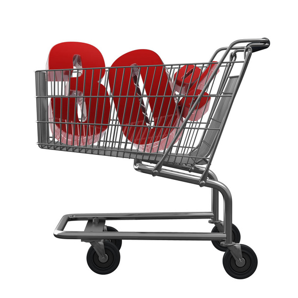 3D illustratie van Shopping cart met 30 pocent korting in het rood geïsoleerd - Foto, afbeelding