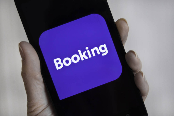 web page with application Booking.com on smartphone - Fotoğraf, Görsel