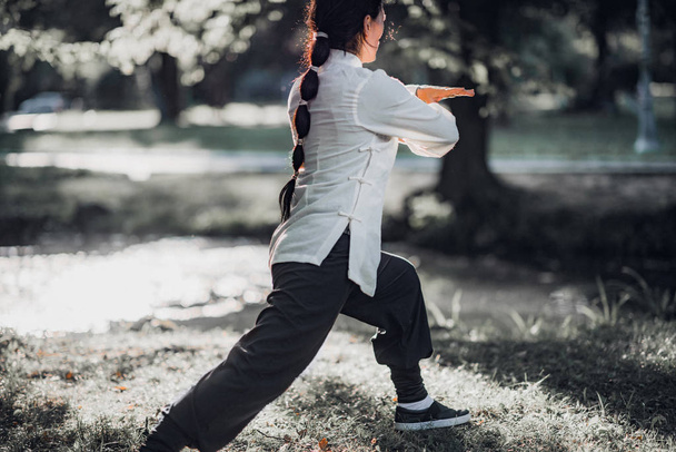 Woman practicing Tai Chi Quan in the park - Photo, Image