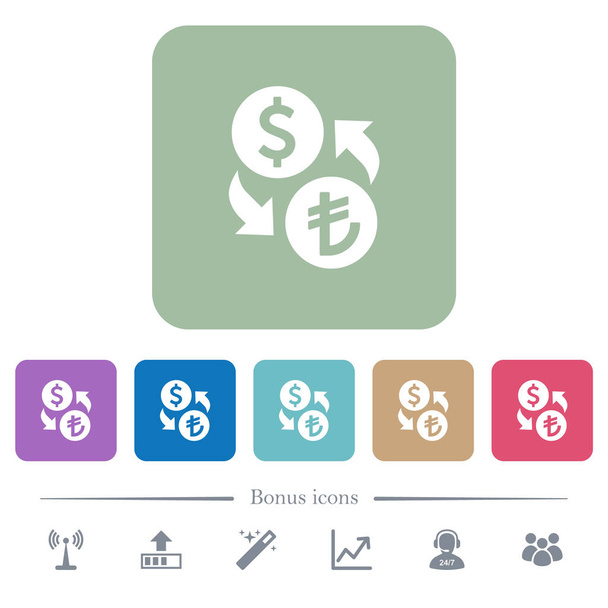Dollaro lira scambio di denaro bianco icone piatte sul colore sfondi quadrati arrotondati. 6 icone bonus incluse
 - Vettoriali, immagini