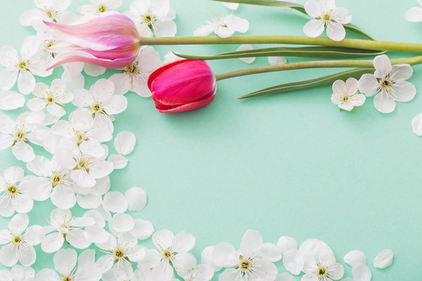 beautiful spring flowers on paper background - 写真・画像