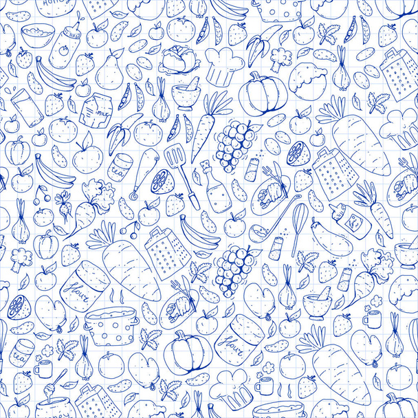Kitchen and cooking seamless pattern. Icons of food and drink. - ベクター画像