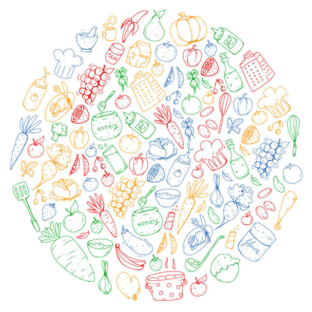 Kitchen and cooking seamless pattern. Icons of food and drinks. Colorful images - Vektor, obrázek