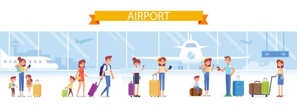 Мультипликационные люди с багажом в аэропорту в ожидании рейса. Плоская векторная иллюстрация
. - Вектор,изображение
