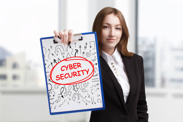 Business, technology, internet and networking concept. Young entrepreneur showing keyword: Cyber security - Photo, Image