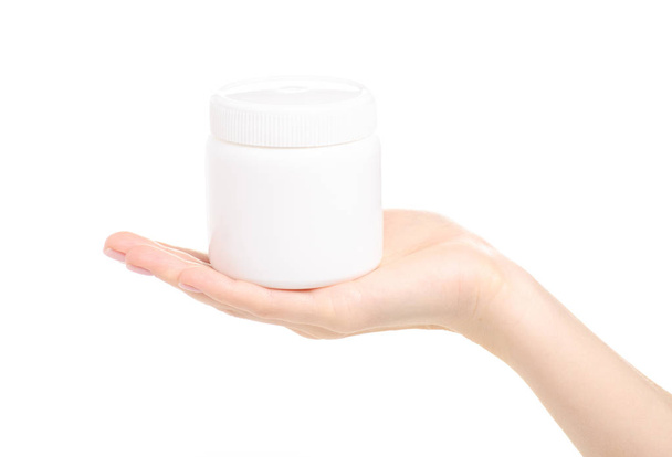White jar medicine healthy in hand - 写真・画像